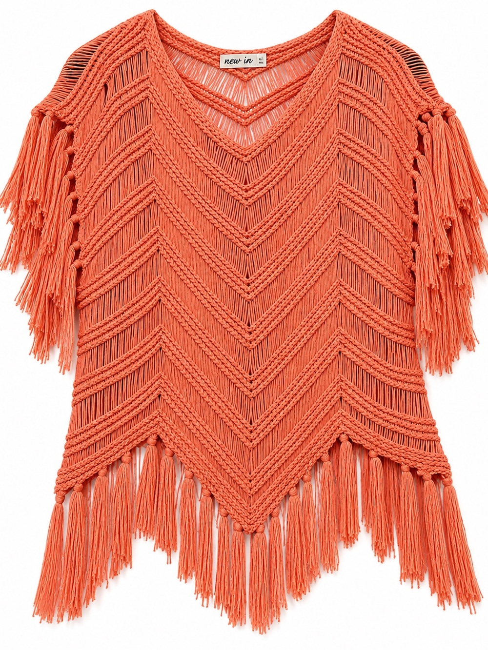 Three Bird Nest New In Coral Fringe Oversized Crochet Sweater Top M/L